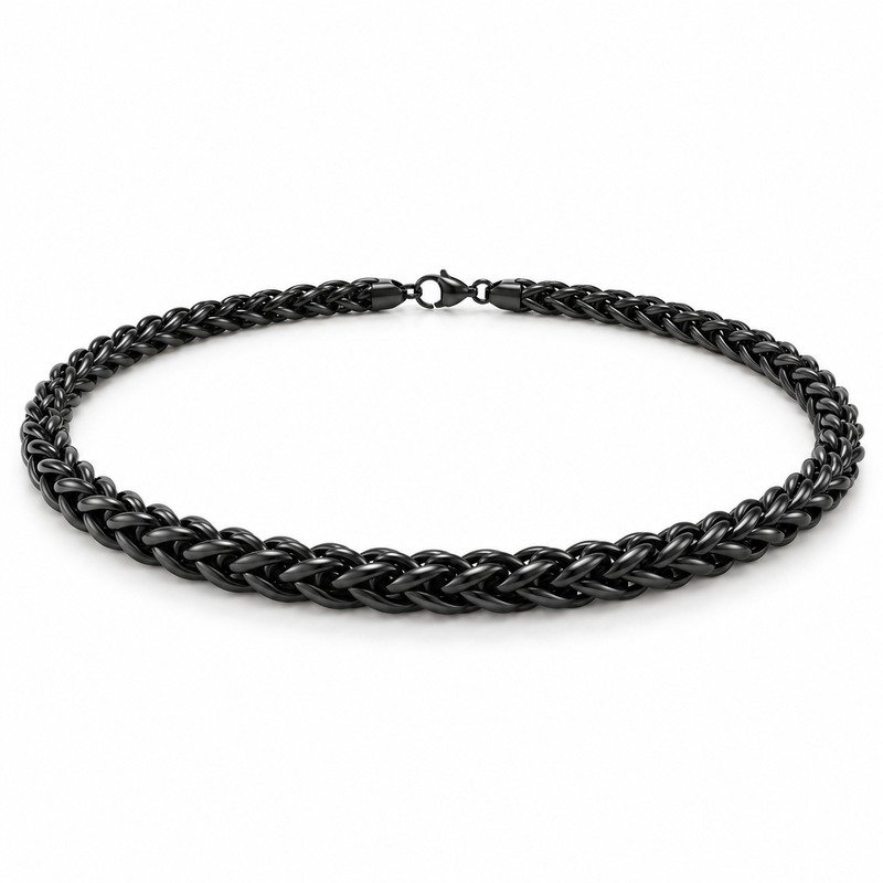 mens black Stainless Steel 8mm wheat chain necklace, at a 45-degree angle on white