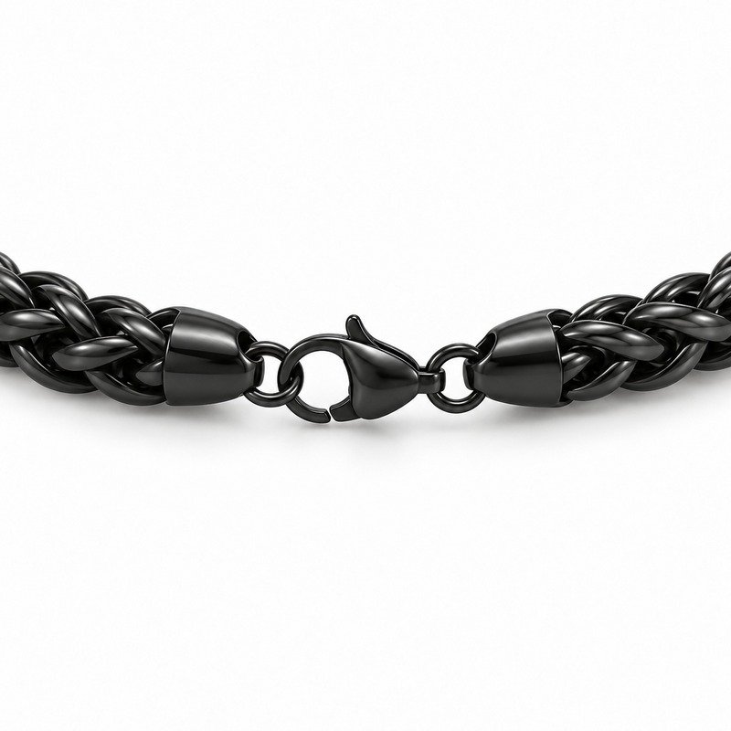 mens black Stainless Steel 8mm wheat chain necklace, reverse side and connection structure on white