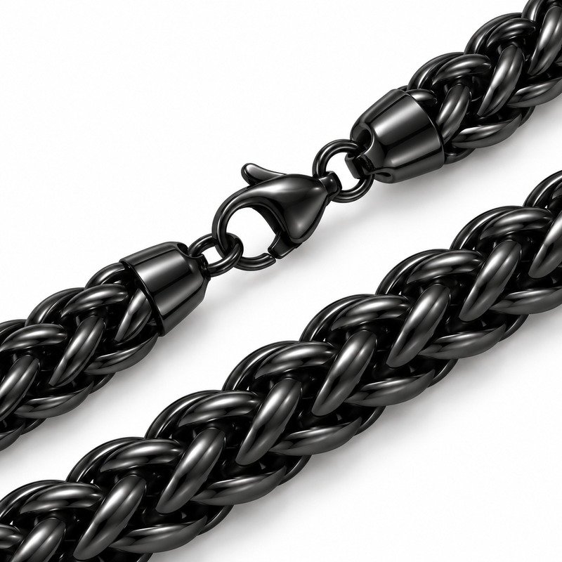 mens black Stainless Steel 8mm wheat chain necklace, material and craftsmanship close-up