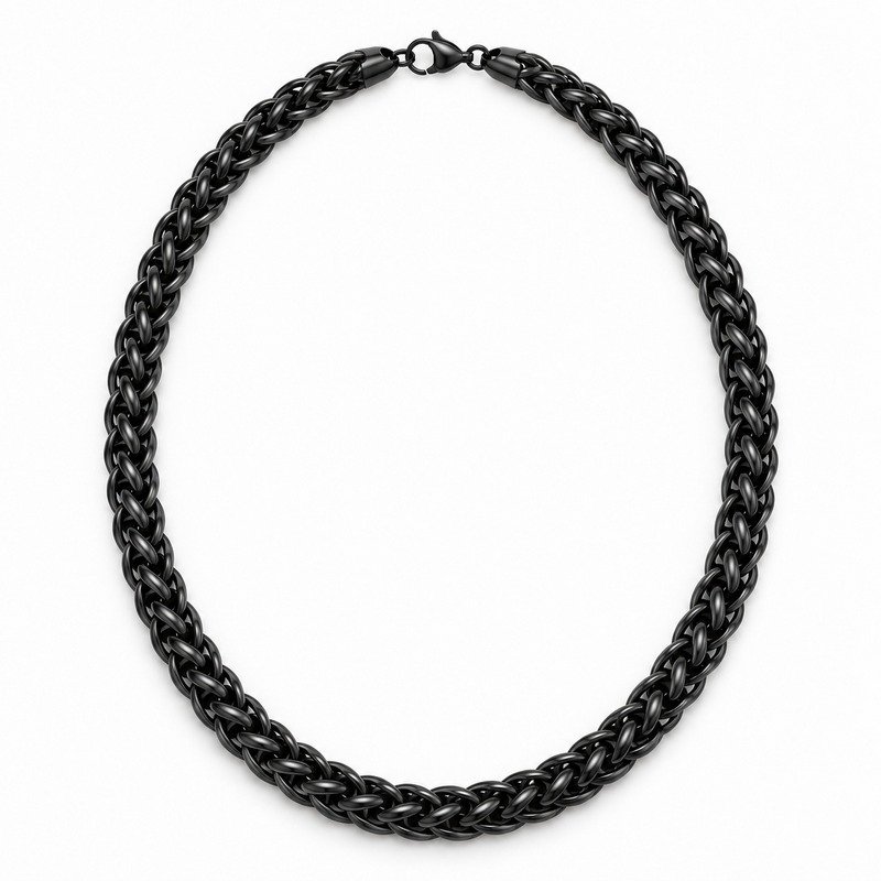 mens black Stainless Steel 8mm wheat chain necklace, front view on white