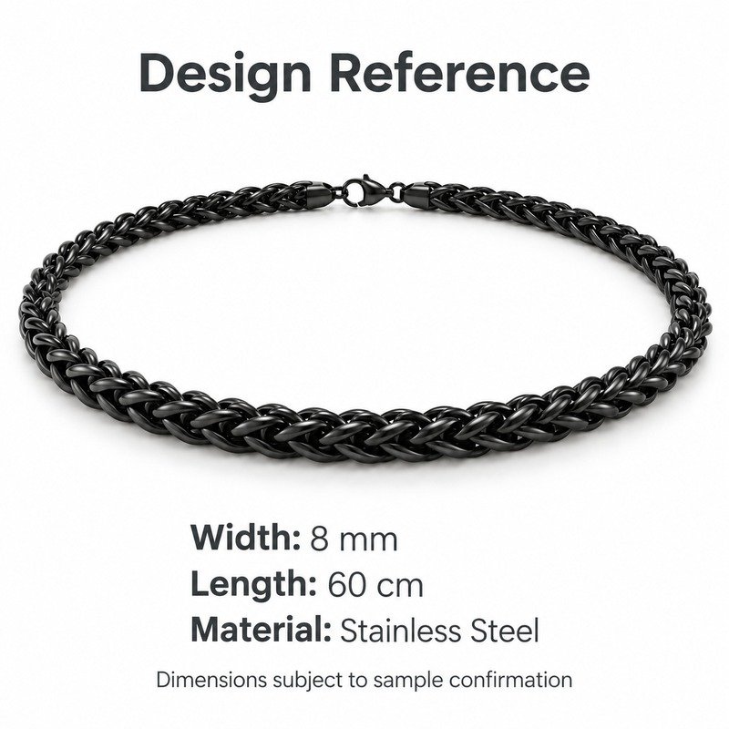 mens black Stainless Steel 8mm wheat chain necklace, design reference dimensions and material specifications
