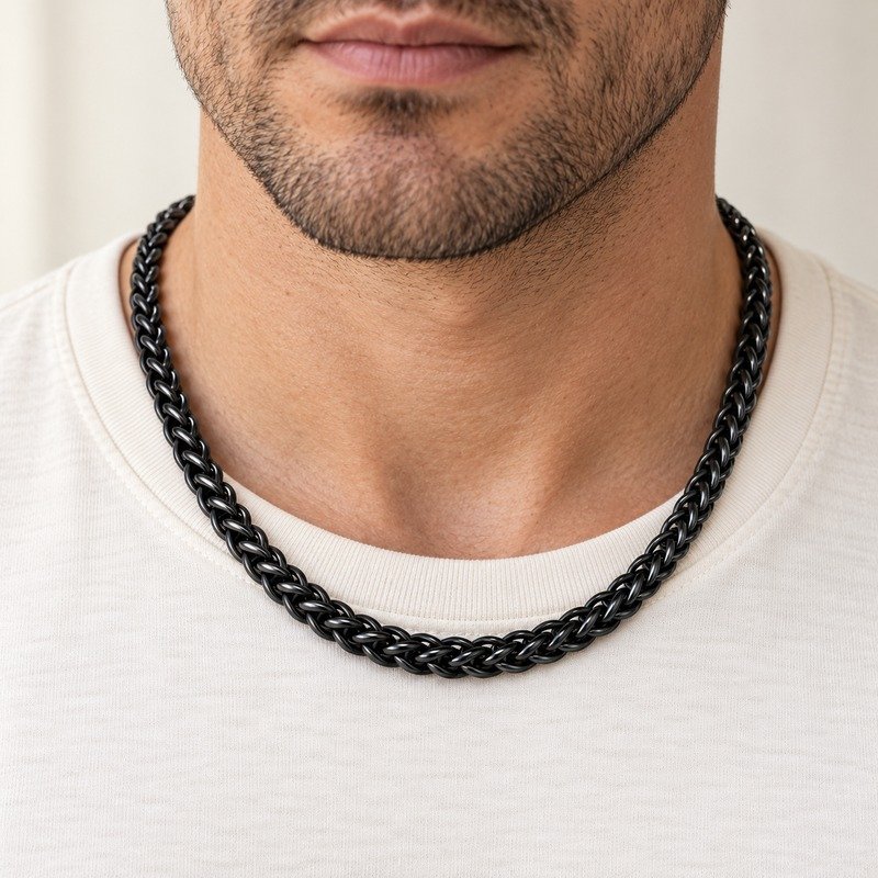 mens black Stainless Steel 8mm wheat chain necklace, worn by an adult model