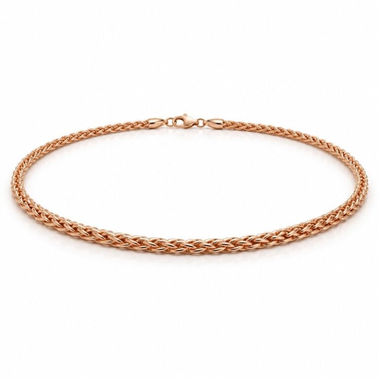 womens rose gold Stainless Steel 2mm wheat chain necklace, at a 45-degree angle on white