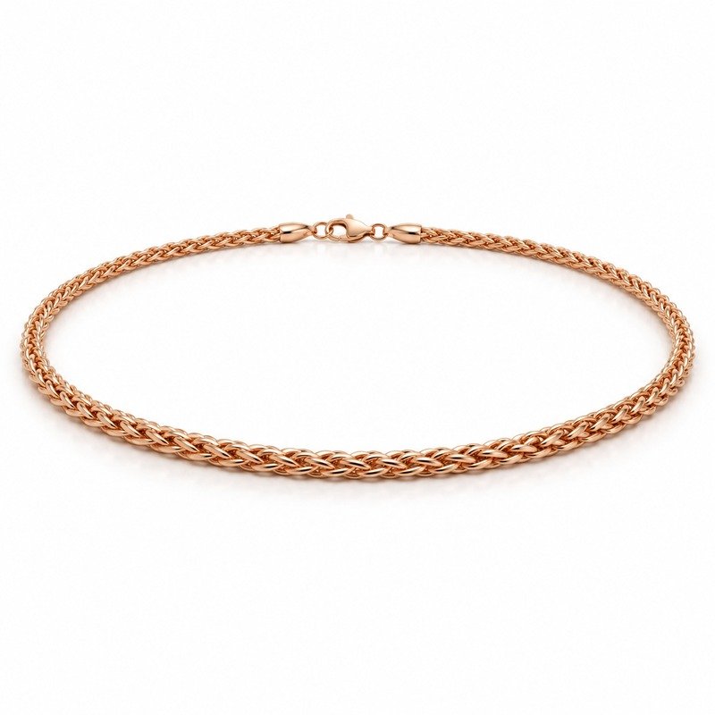 womens rose gold Stainless Steel 2mm wheat chain necklace, at a 45-degree angle on white