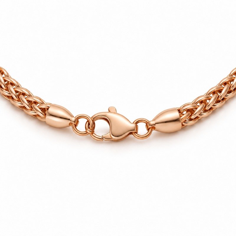 womens rose gold Stainless Steel 2mm wheat chain necklace, reverse side and connection structure on white