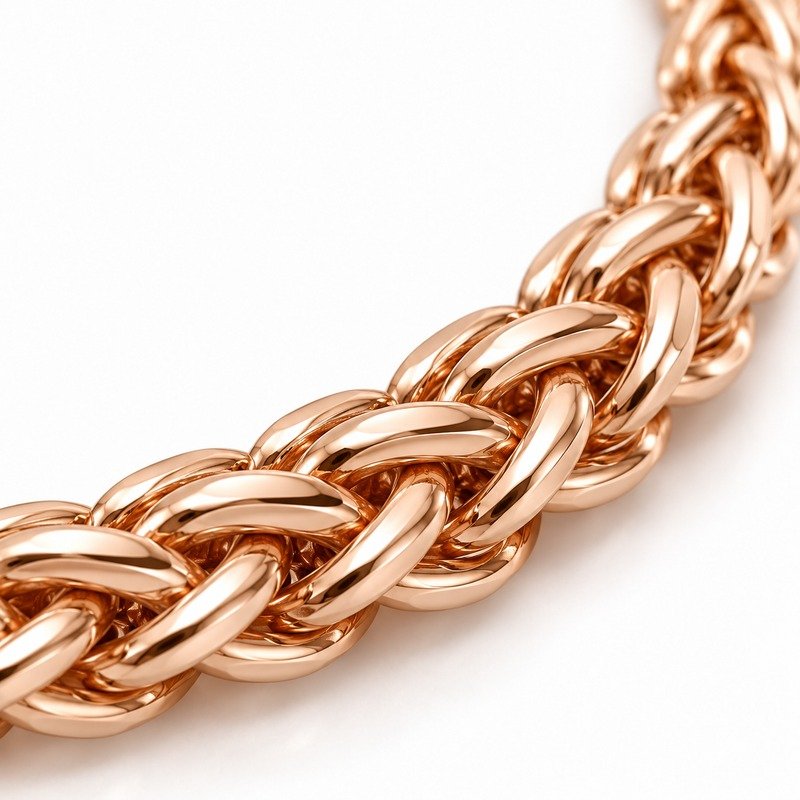 womens rose gold Stainless Steel 2mm wheat chain necklace, material and craftsmanship close-up