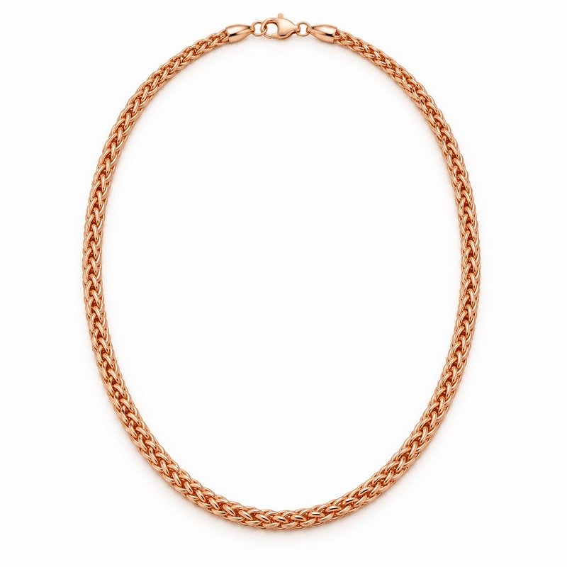 womens rose gold Stainless Steel 2mm wheat chain necklace, front view on white
