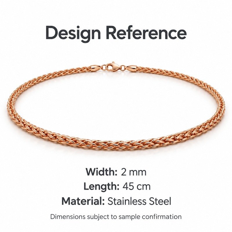 womens rose gold Stainless Steel 2mm wheat chain necklace, design reference dimensions and material specifications