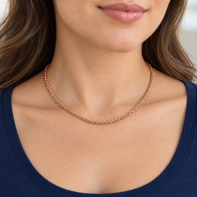 womens rose gold Stainless Steel 2mm wheat chain necklace, worn by an adult model