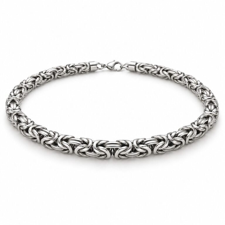 mens silver Stainless Steel 8mm byzantine chain necklace, at a 45-degree angle on white