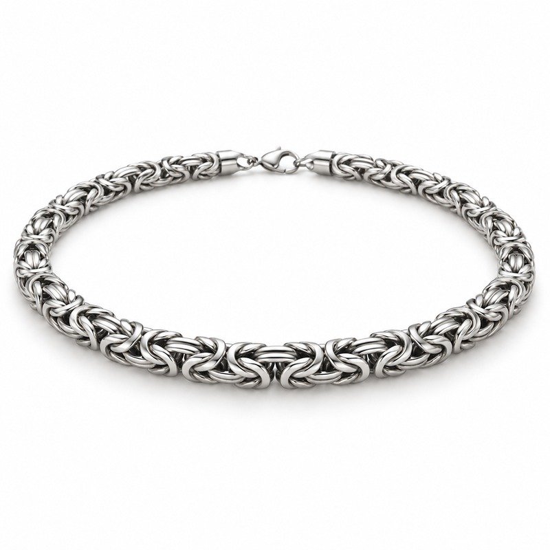 mens silver Stainless Steel 8mm byzantine chain necklace, at a 45-degree angle on white