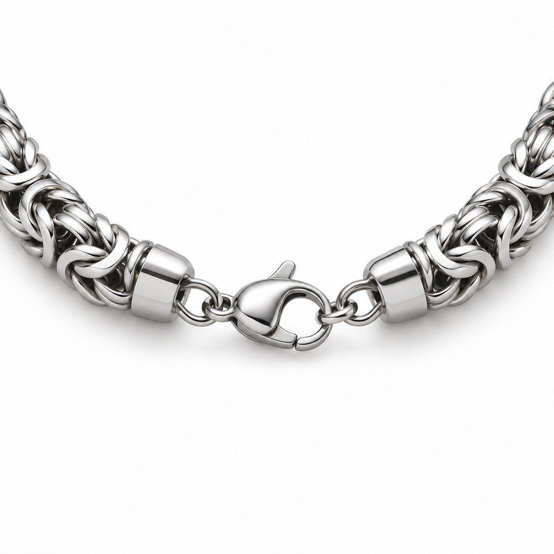 mens silver Stainless Steel 8mm byzantine chain necklace, reverse side and connection structure on white
