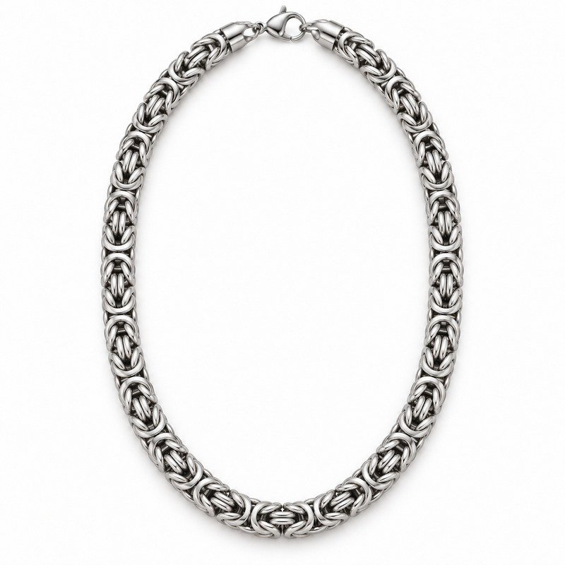 mens silver Stainless Steel 8mm byzantine chain necklace, front view on white