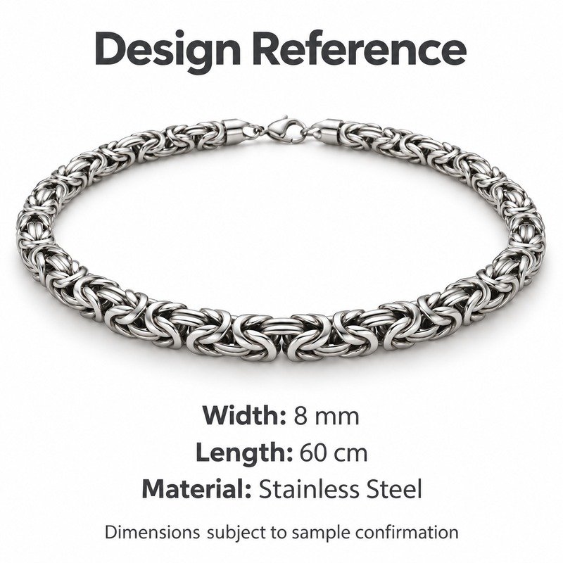 mens silver Stainless Steel 8mm byzantine chain necklace, design reference dimensions and material specifications
