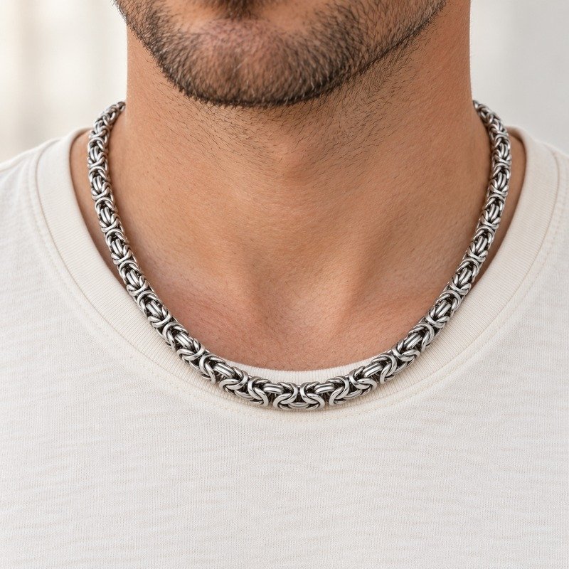 mens silver Stainless Steel 8mm byzantine chain necklace, worn by an adult model