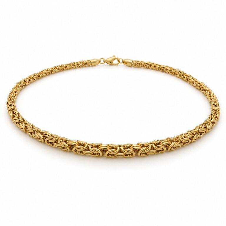 mens gold Stainless Steel 3mm byzantine chain necklace, at a 45-degree angle on white