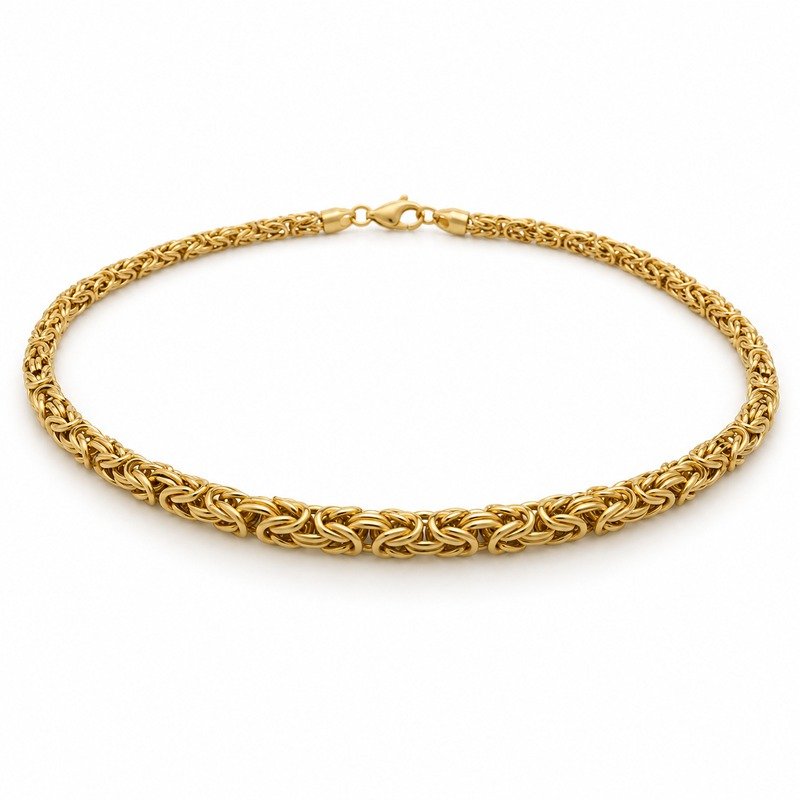 mens gold Stainless Steel 3mm byzantine chain necklace, at a 45-degree angle on white