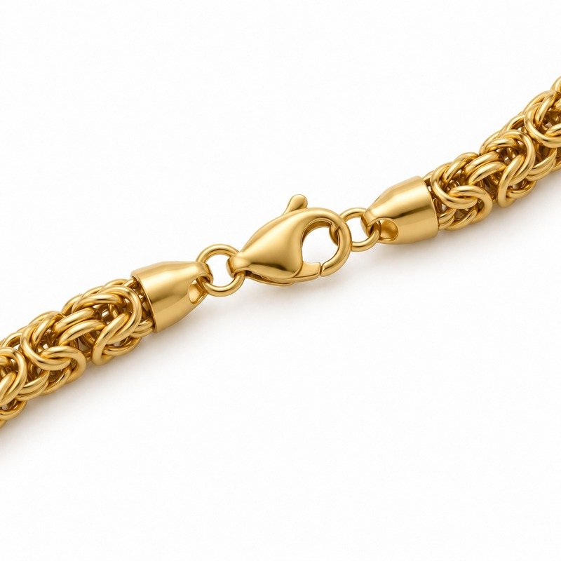mens gold Stainless Steel 3mm byzantine chain necklace, reverse side and connection structure on white