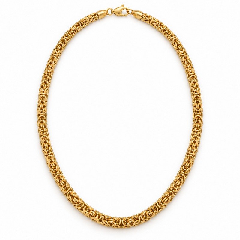 mens gold Stainless Steel 3mm byzantine chain necklace, front view on white