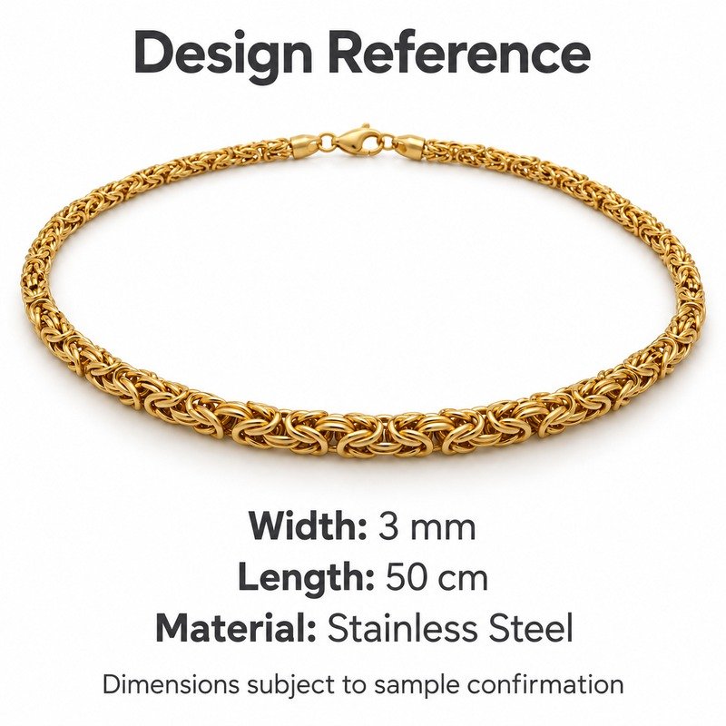 mens gold Stainless Steel 3mm byzantine chain necklace, design reference dimensions and material specifications