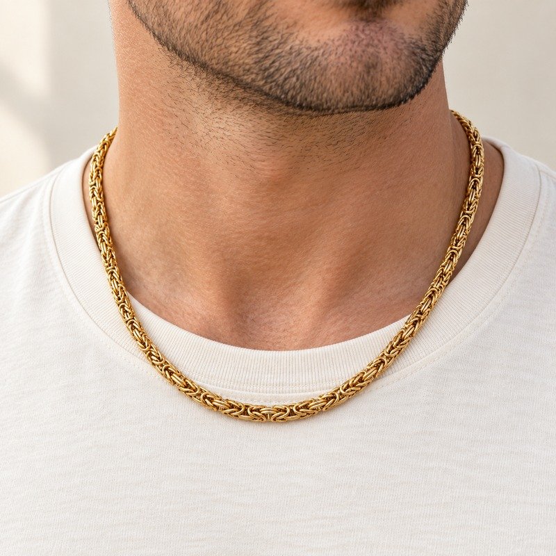mens gold Stainless Steel 3mm byzantine chain necklace, worn by an adult model