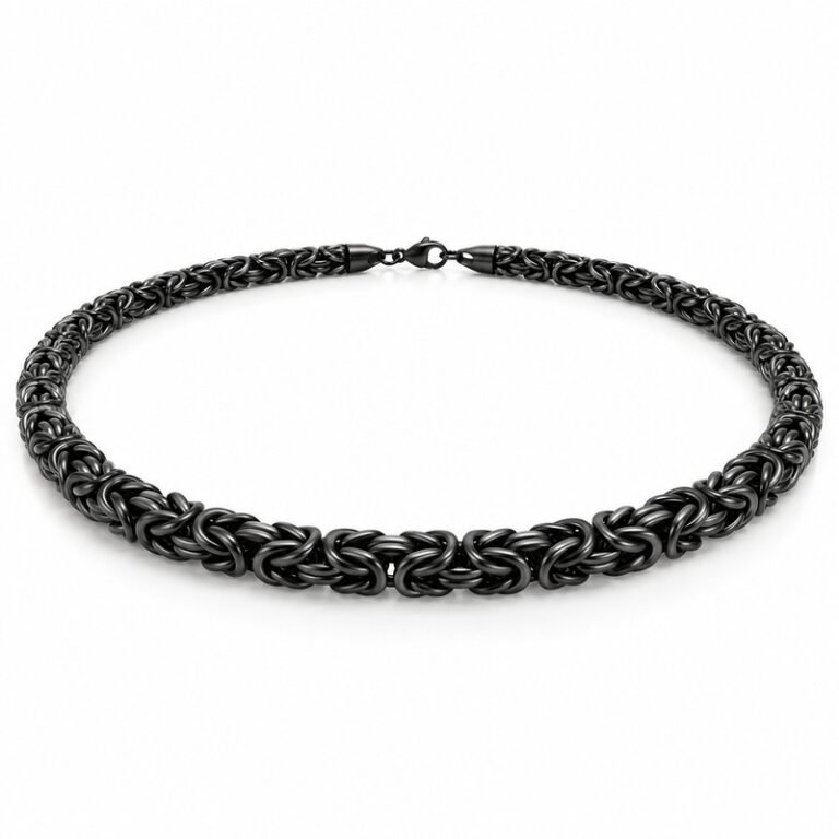 mens black Stainless Steel 5mm byzantine chain necklace, at a 45-degree angle on white