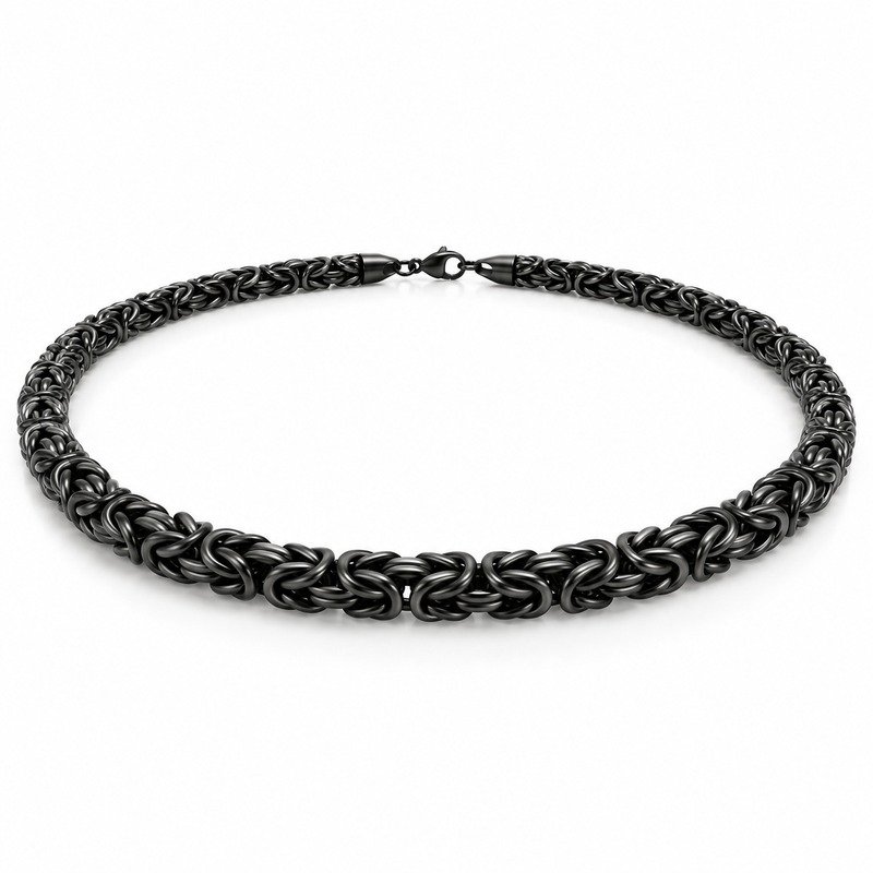 mens black Stainless Steel 5mm byzantine chain necklace, at a 45-degree angle on white