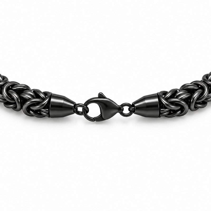 mens black Stainless Steel 5mm byzantine chain necklace, reverse side and connection structure on white