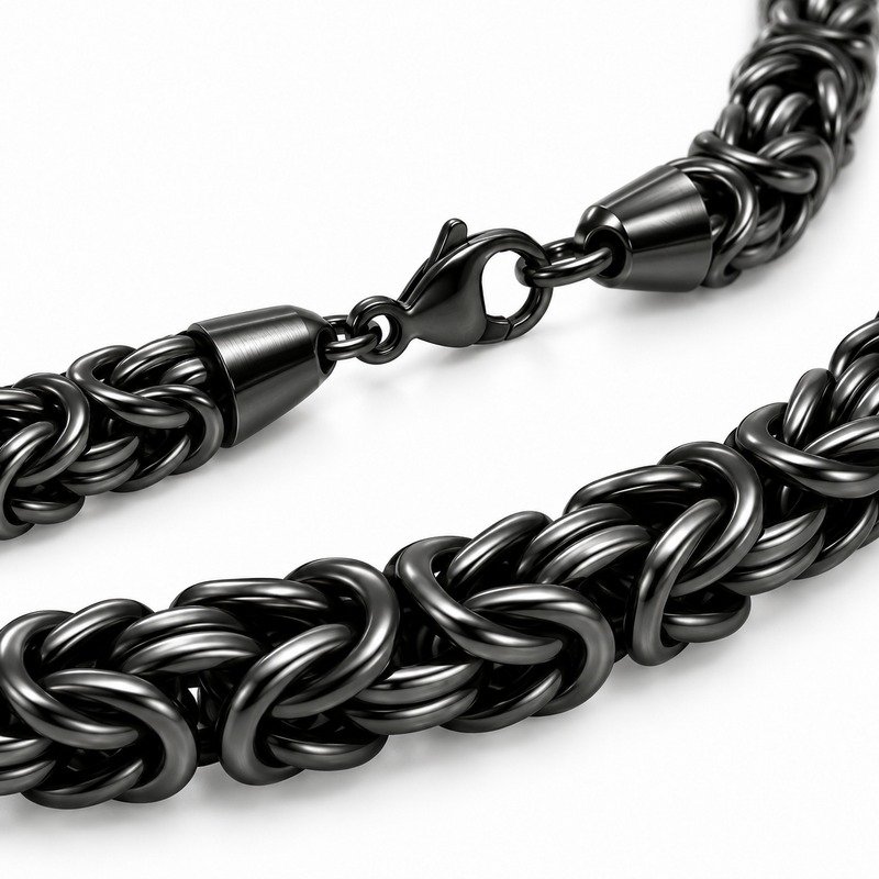 mens black Stainless Steel 5mm byzantine chain necklace, material and craftsmanship close-up