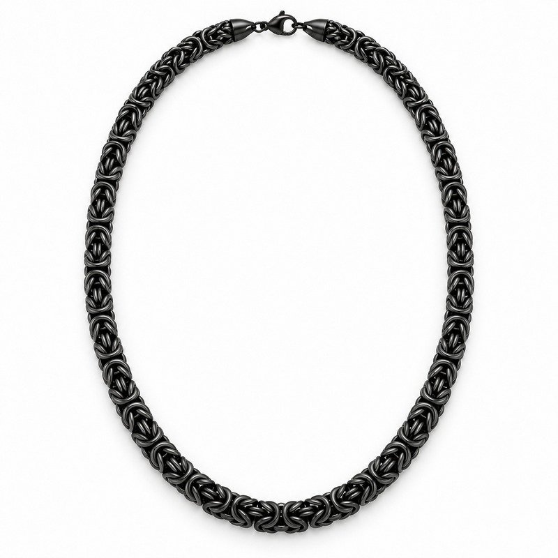 mens black Stainless Steel 5mm byzantine chain necklace, front view on white
