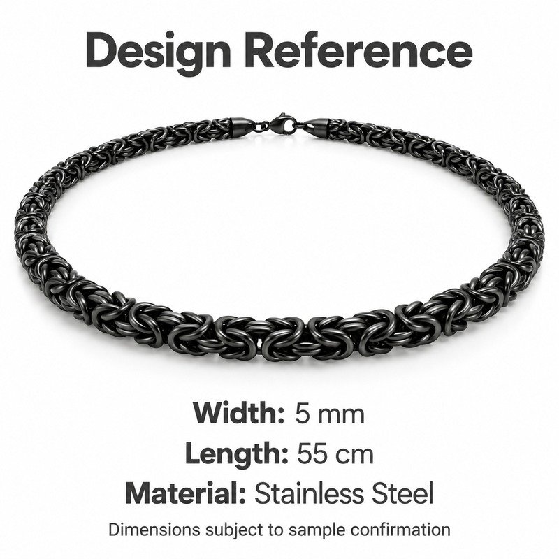 mens black Stainless Steel 5mm byzantine chain necklace, design reference dimensions and material specifications