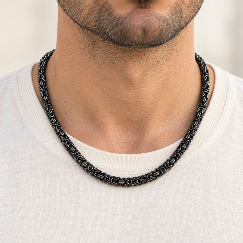mens black Stainless Steel 5mm byzantine chain necklace, worn by an adult model
