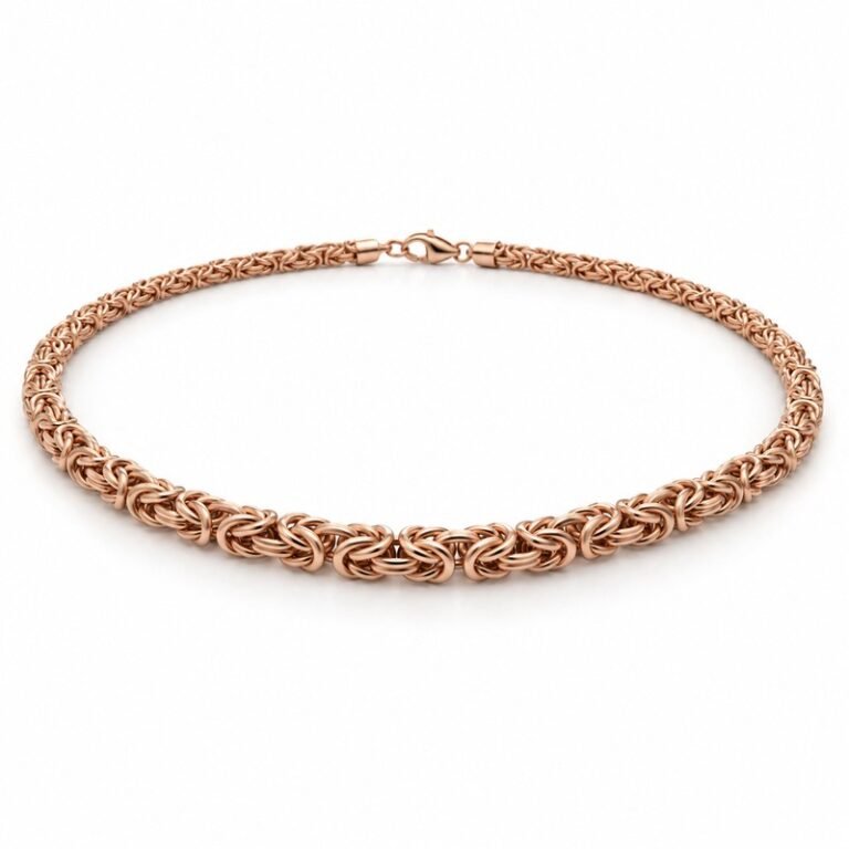 womens rose gold Stainless Steel 3mm byzantine chain necklace, at a 45-degree angle on white