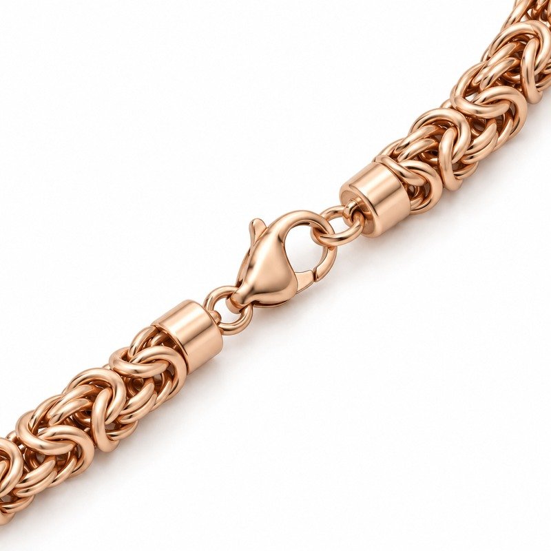 womens rose gold Stainless Steel 3mm byzantine chain necklace, reverse side and connection structure on white