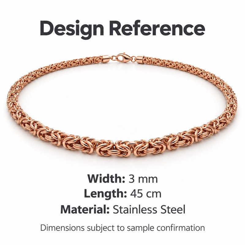 womens rose gold Stainless Steel 3mm byzantine chain necklace, design reference dimensions and material specifications