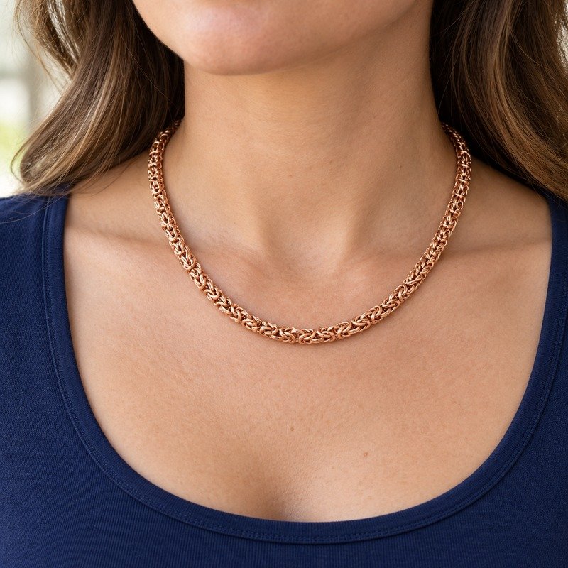 womens rose gold Stainless Steel 3mm byzantine chain necklace, worn by an adult model