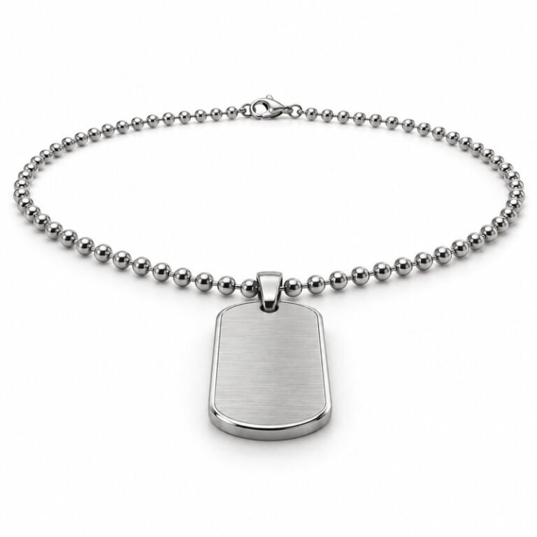 mens silver Stainless Steel brushed dog tag necklace, at a 45-degree angle on white