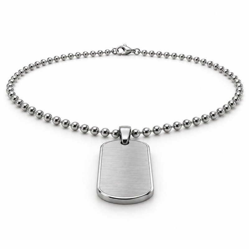mens silver Stainless Steel brushed dog tag necklace, at a 45-degree angle on white