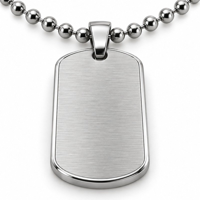 mens silver Stainless Steel brushed dog tag necklace, reverse side and connection structure on white