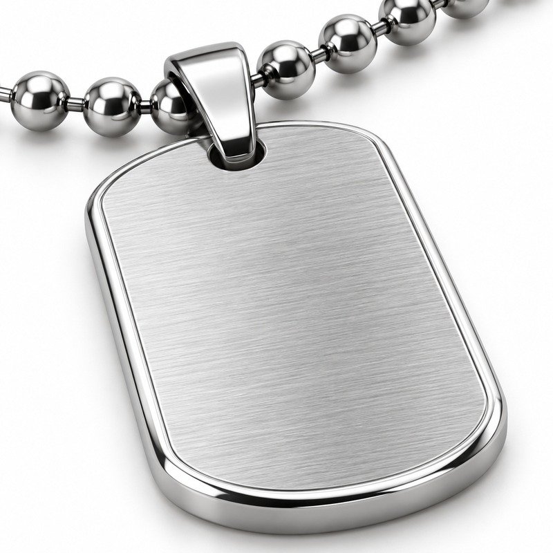 mens silver Stainless Steel brushed dog tag necklace, material and craftsmanship close-up