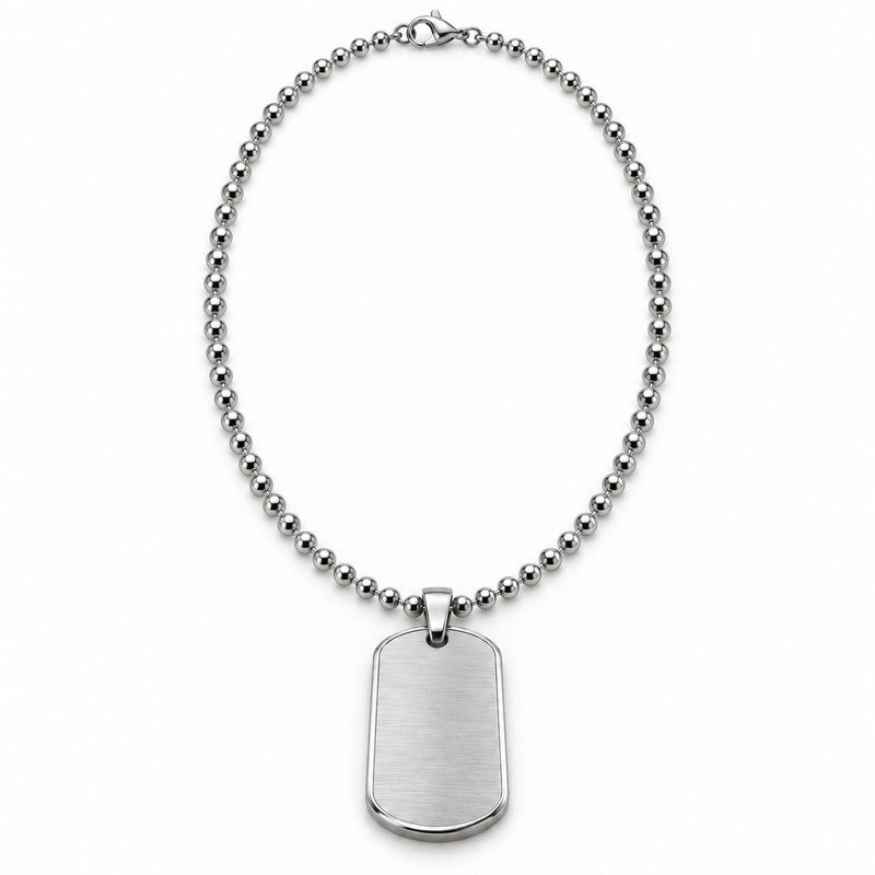 mens silver Stainless Steel brushed dog tag necklace, front view on white