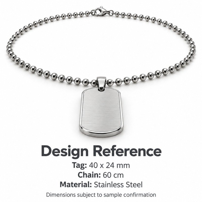 mens silver Stainless Steel brushed dog tag necklace, design reference dimensions and material specifications