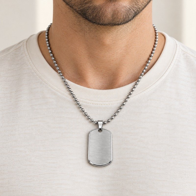 mens silver Stainless Steel brushed dog tag necklace, worn by an adult model