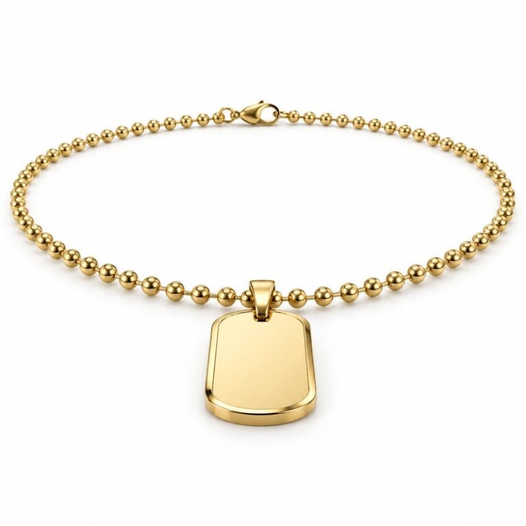 mens gold Stainless Steel beveled dog tag necklace, at a 45-degree angle on white