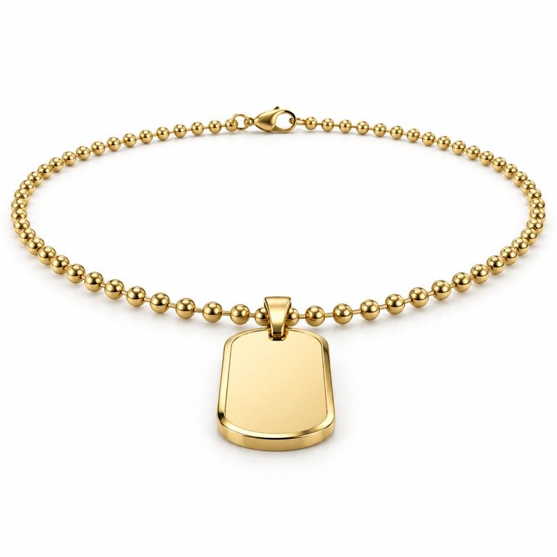 mens gold Stainless Steel beveled dog tag necklace, at a 45-degree angle on white