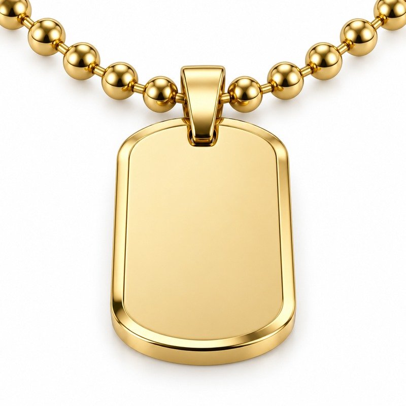mens gold Stainless Steel beveled dog tag necklace, reverse side and connection structure on white