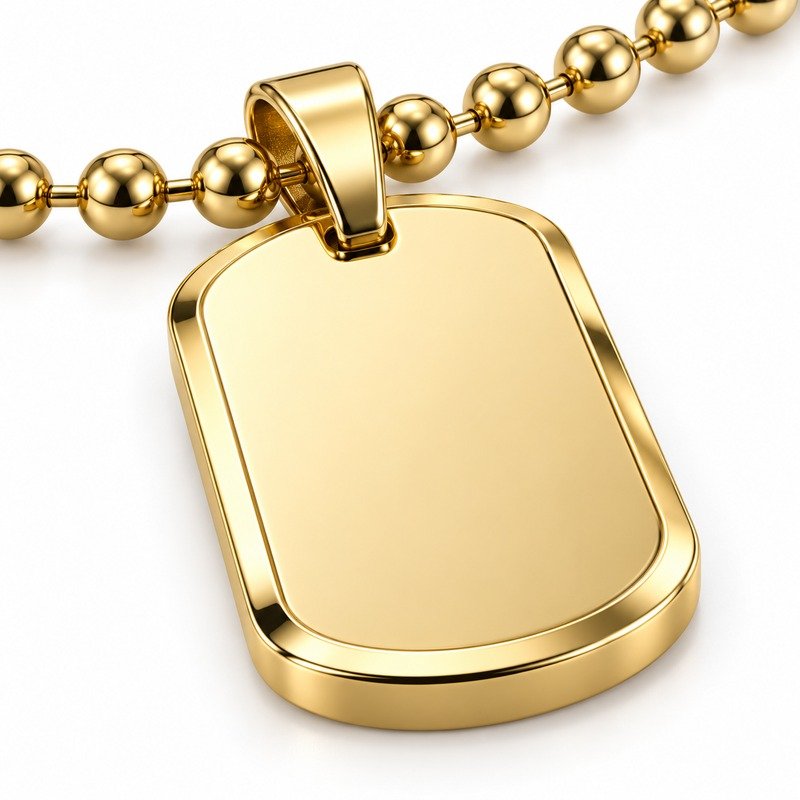 mens gold Stainless Steel beveled dog tag necklace, material and craftsmanship close-up