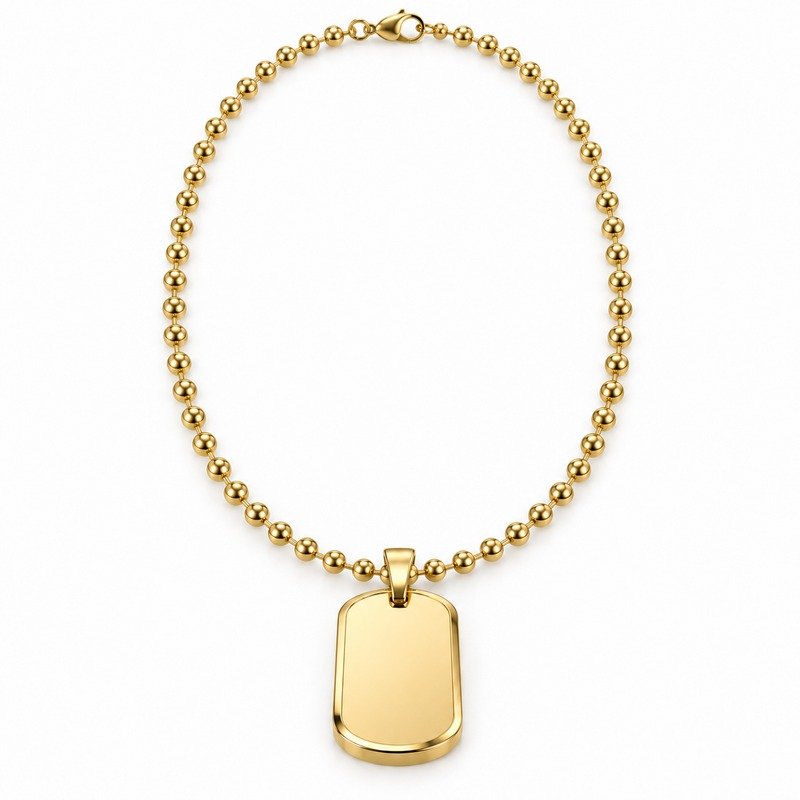 mens gold Stainless Steel beveled dog tag necklace, front view on white