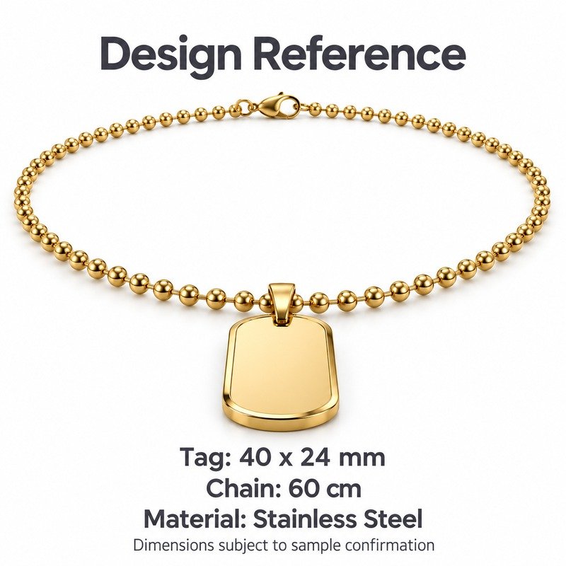 mens gold Stainless Steel beveled dog tag necklace, design reference dimensions and material specifications