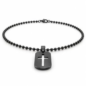 Men’s Black Stainless Steel Cross Cutout Dog Tag Necklace